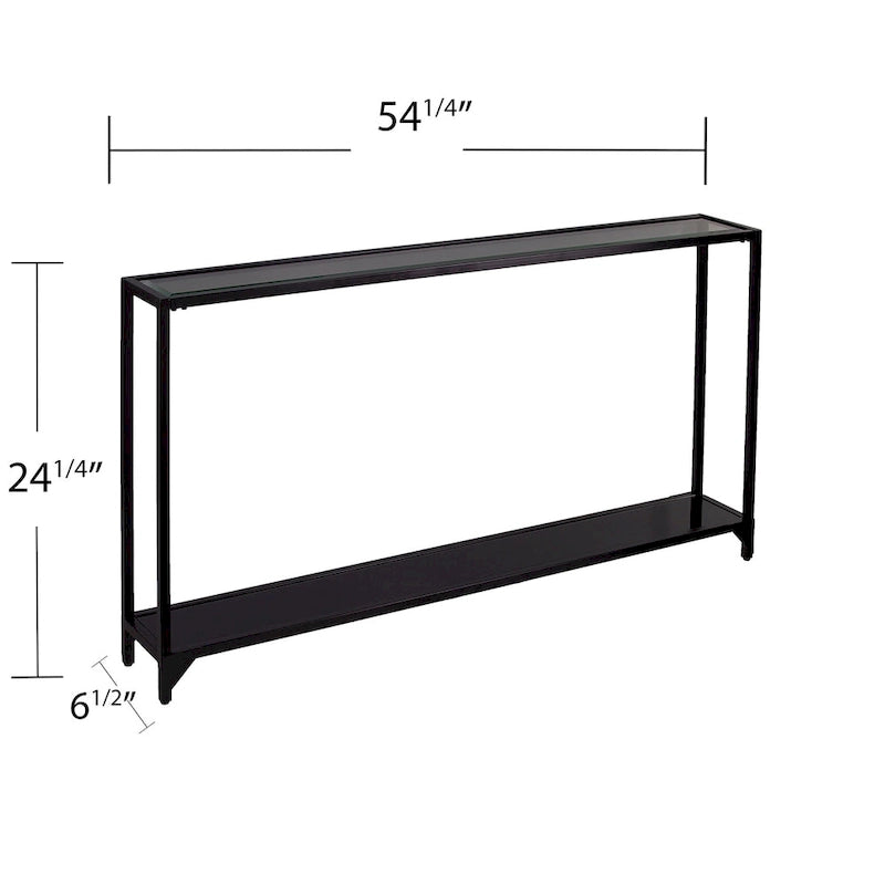 Mesa consola de metal estrecha plateada/negra con tapa de cristal templado