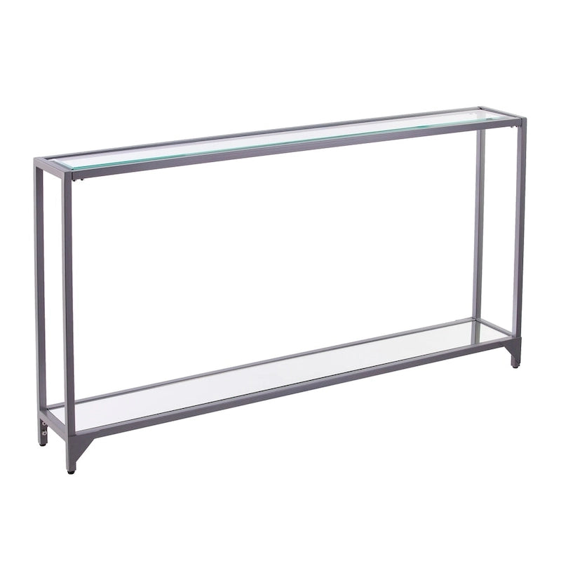 Mesa consola de metal estrecha plateada/negra con tapa de cristal templado