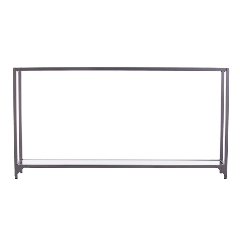 Mesa consola de metal estrecha plateada/negra con tapa de cristal templado