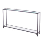 Mesa consola de metal estrecha plateada/negra con tapa de cristal templado