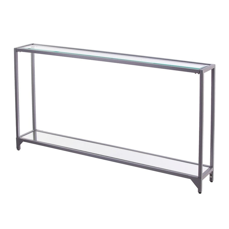 Mesa consola de metal estrecha plateada/negra con tapa de cristal templado