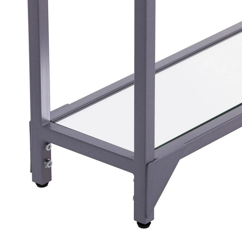 Mesa consola de metal estrecha plateada/negra con tapa de cristal templado