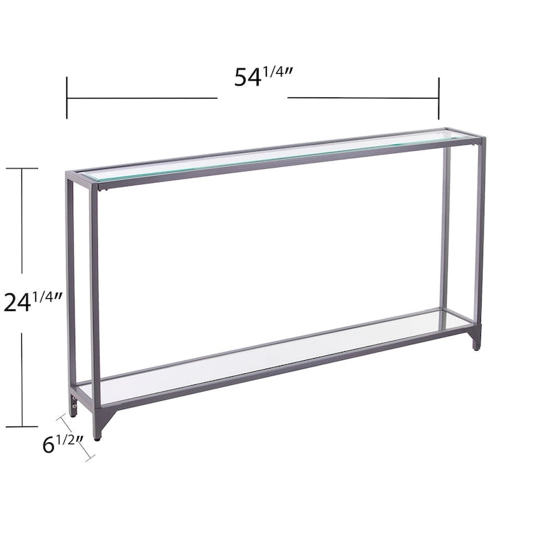 Mesa consola de metal estrecha plateada/negra con tapa de cristal templado
