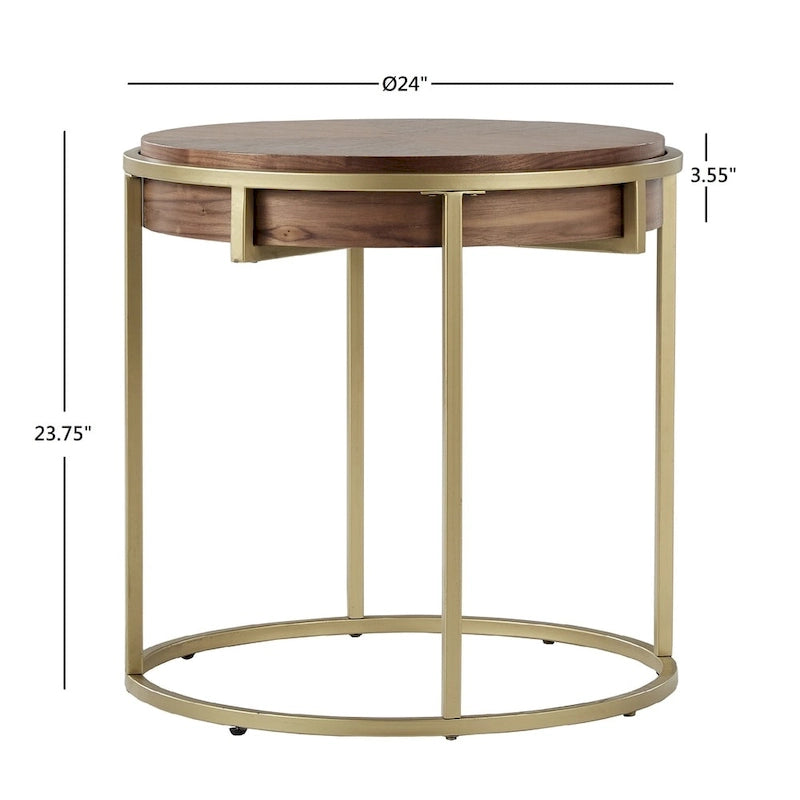 Mesa auxiliar redonda con acabado natural/nogal, base de metal dorado, para 1 persona
