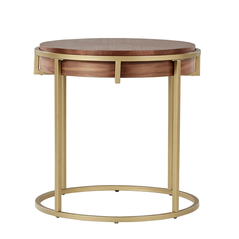 Mesa auxiliar redonda con acabado natural/nogal, base de metal dorado, para 1 persona