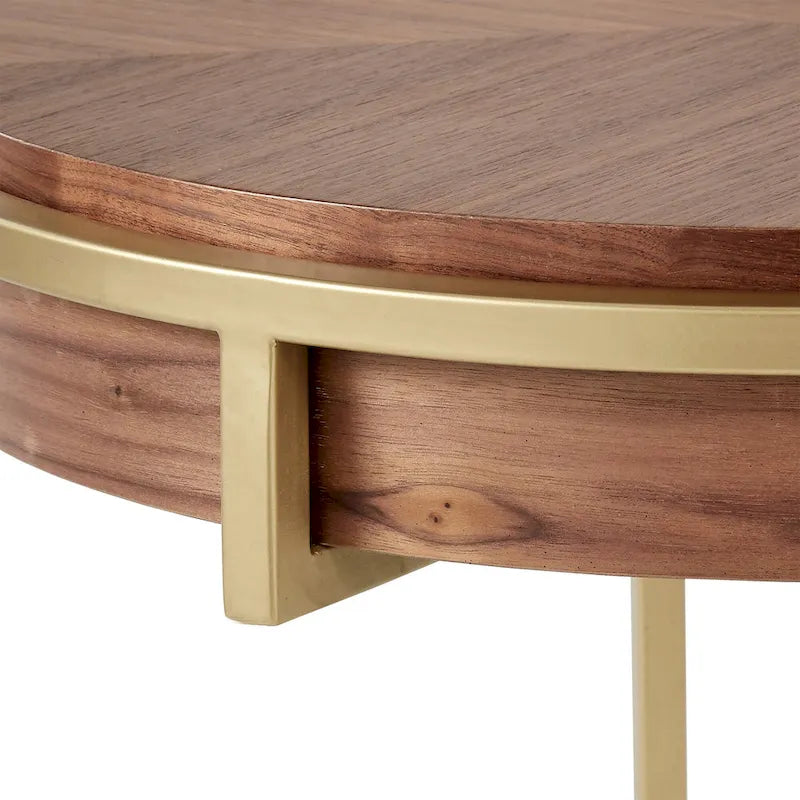 Mesa auxiliar redonda con acabado natural/nogal, base de metal dorado, para 1 persona