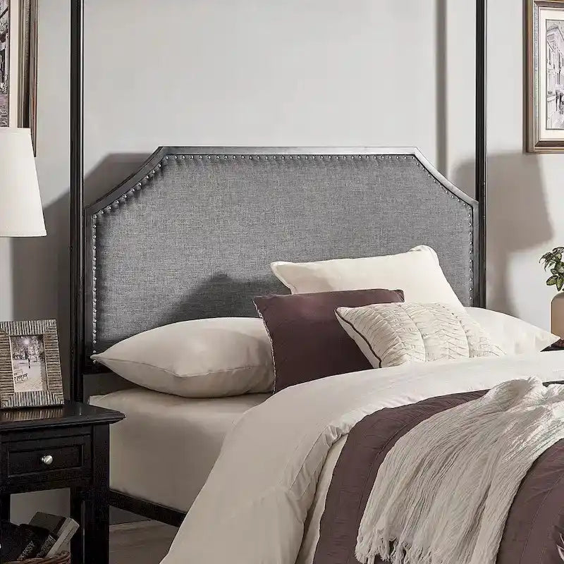 Cama con dosel de lino gris y metal negro – Queen, 1 persona