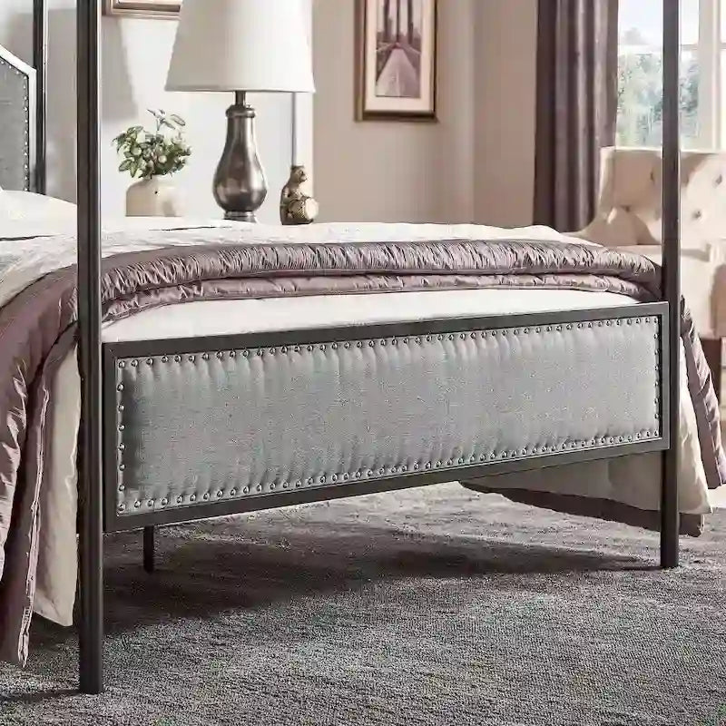 Cama con dosel de lino gris y metal negro – Queen, 1 persona