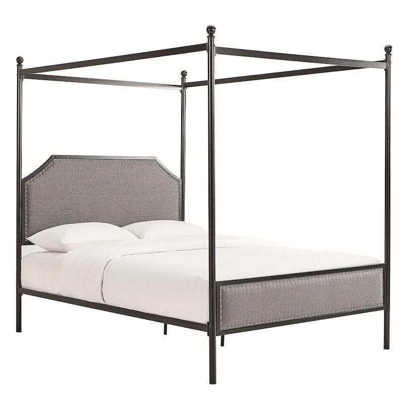 Cama con dosel de lino gris y metal negro – Queen, 1 persona