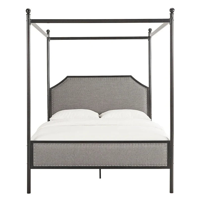Cama con dosel de lino gris y metal negro – Queen, 1 persona