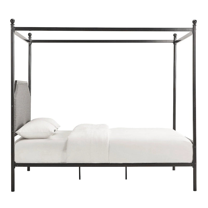 Cama con dosel de lino gris y metal negro – Queen, 1 persona