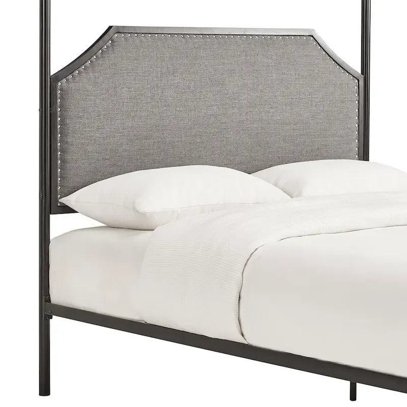 Cama con dosel de lino gris y metal negro – Queen, 1 persona