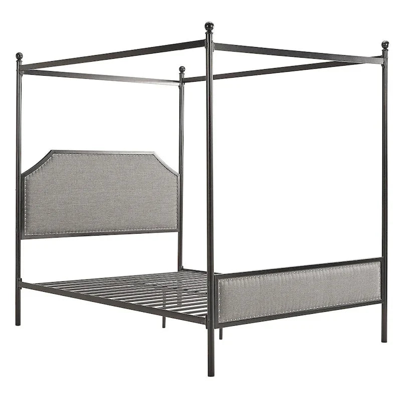 Cama con dosel de lino gris y metal negro – Queen, 1 persona