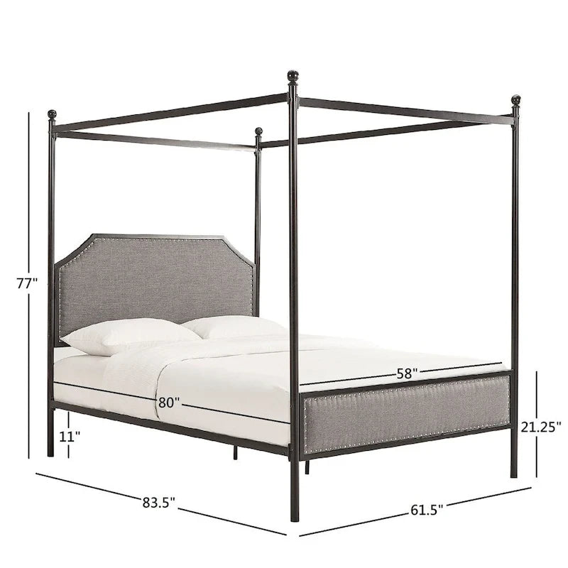 Cama con dosel de lino gris y metal negro – Queen, 1 persona