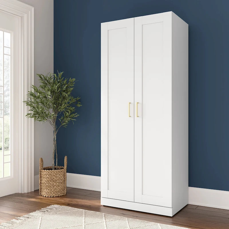 Armario alto de almacenaje estilo Shaker blanco con puertas, 2 puertas, individual
