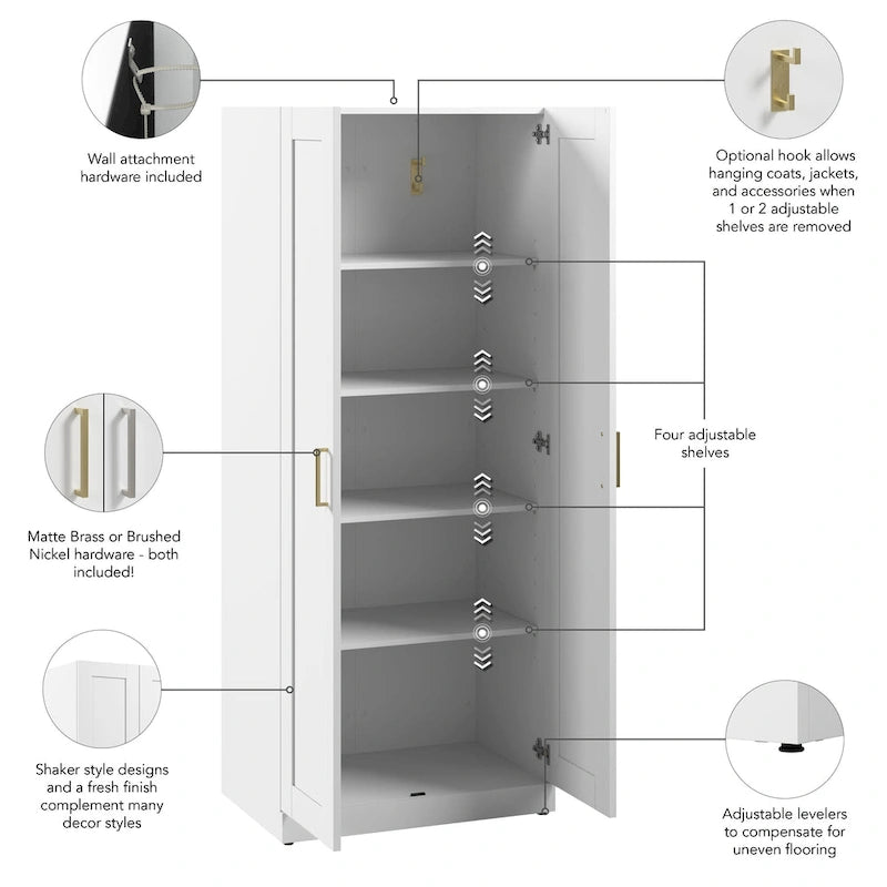 Armario alto de almacenaje estilo Shaker blanco con puertas, 2 puertas, individual