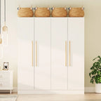 Armario de 4 puertas en madera blanca/gris con barras para colgar y estantes, para 1-2 personas