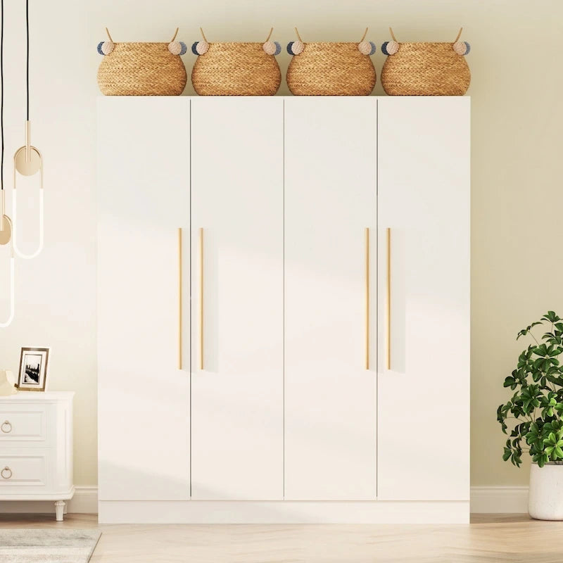 Armario de 4 puertas en madera blanca/gris con barras para colgar y estantes, para 1-2 personas