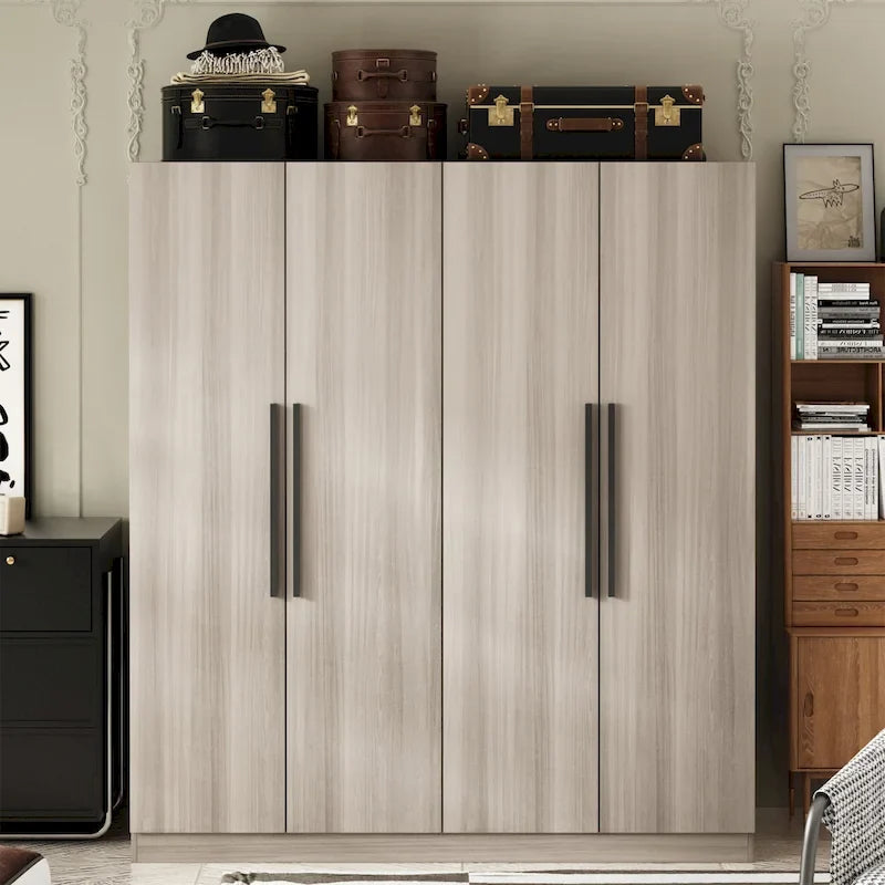 Armario de 4 puertas en madera blanca/gris con barras para colgar y estantes, para 1-2 personas