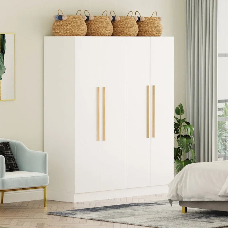 Armario de 4 puertas en madera blanca/gris con barras para colgar y estantes, para 1-2 personas
