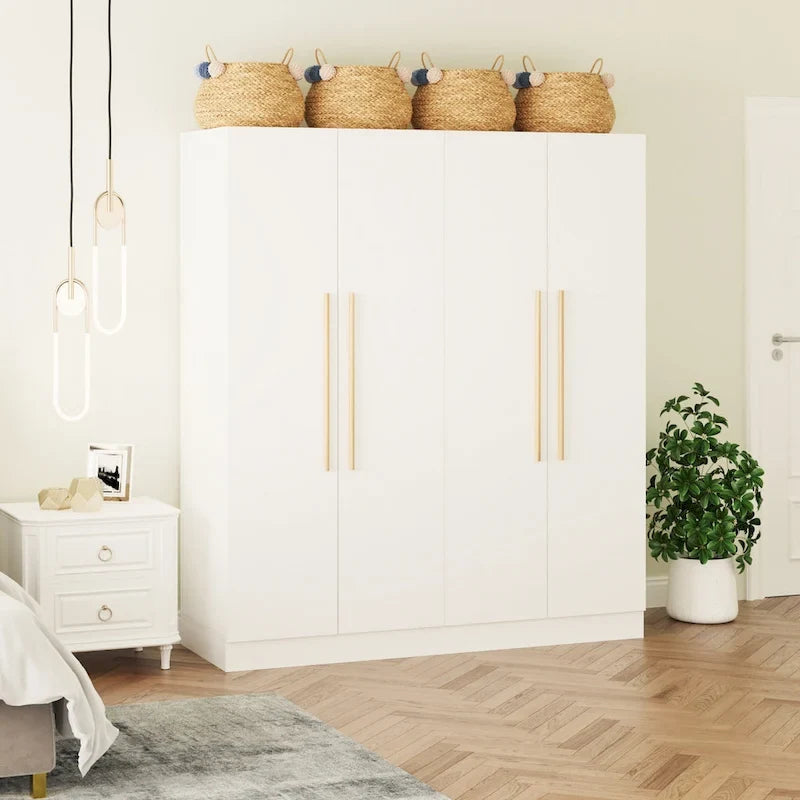 Armario de 4 puertas en madera blanca/gris con barras para colgar y estantes, para 1-2 personas