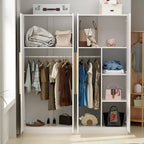 Armario de 4 puertas en madera blanca/gris con barras para colgar y estantes, para 1-2 personas