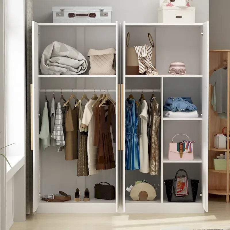 Armario de 4 puertas en madera blanca/gris con barras para colgar y estantes, para 1-2 personas