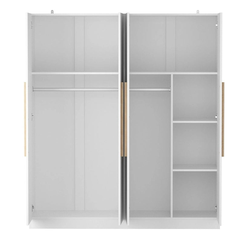 Armario de 4 puertas en madera blanca/gris con barras para colgar y estantes, para 1-2 personas