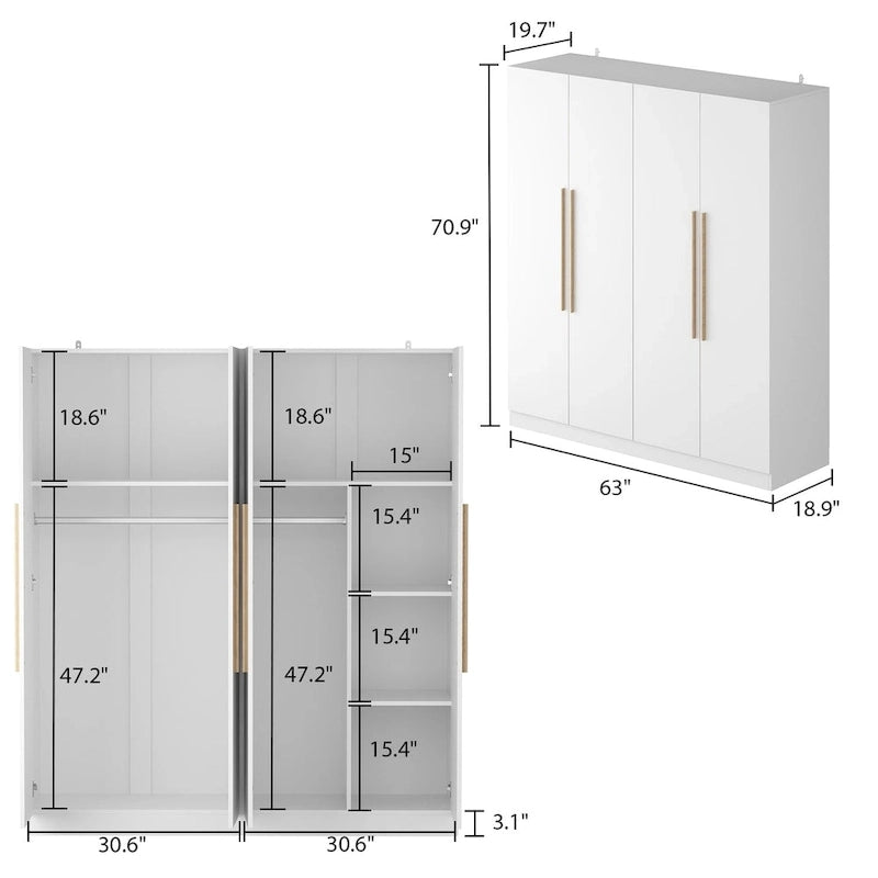 Armario de 4 puertas en madera blanca/gris con barras para colgar y estantes, para 1-2 personas