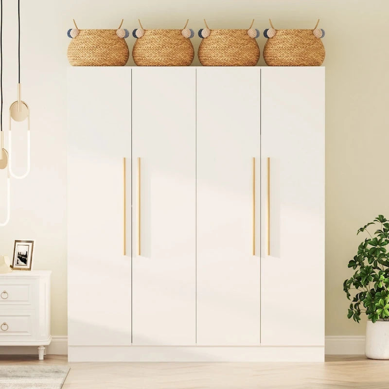 Armario de 4 puertas en madera blanca/gris con barras para colgar y estantes, para 1-2 personas
