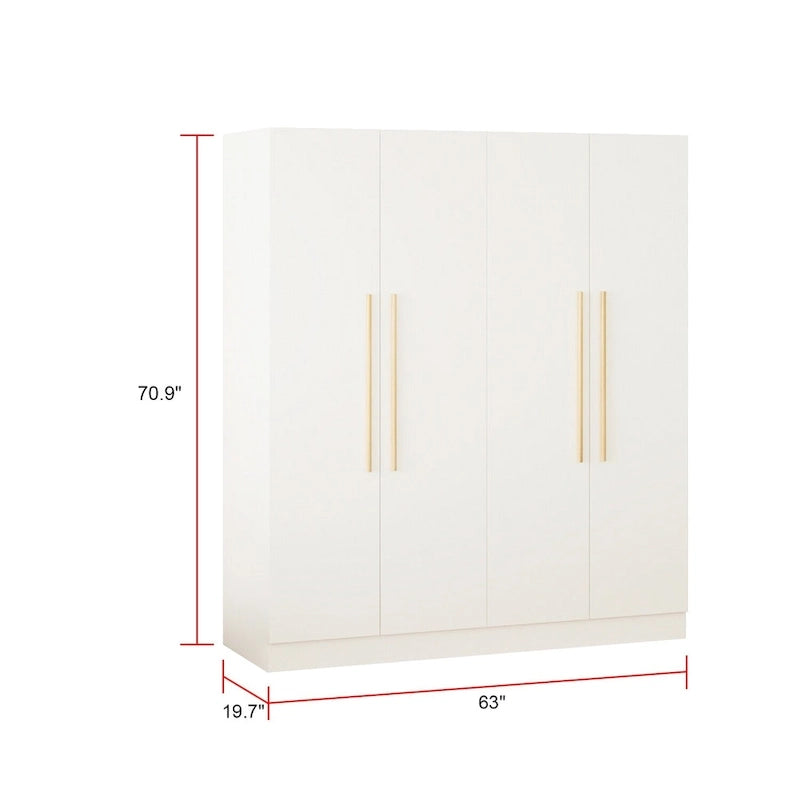 Armario de 4 puertas en madera blanca/gris con barras para colgar y estantes, para 1-2 personas