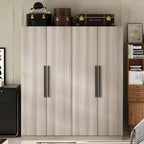 Armario de 4 puertas en madera blanca/gris con barras para colgar y estantes, para 1-2 personas