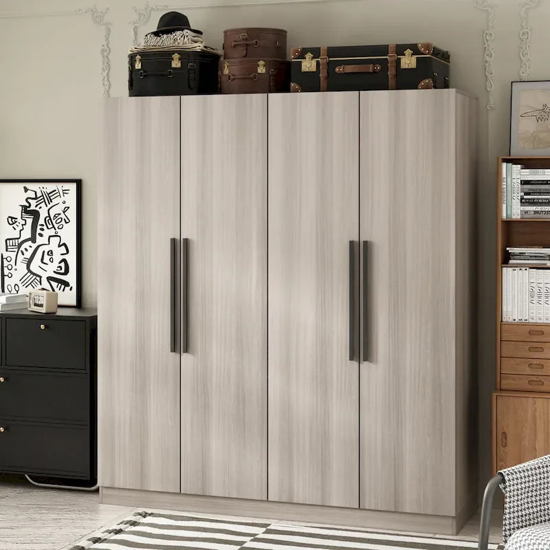 Armario de 4 puertas en madera blanca/gris con barras para colgar y estantes, para 1-2 personas