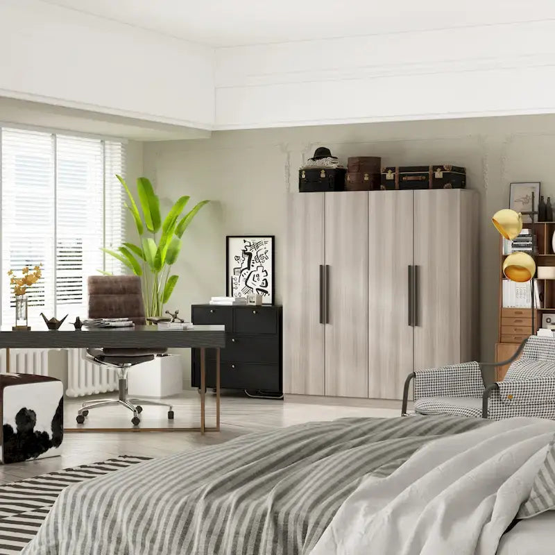 Armario de 4 puertas en madera blanca/gris con barras para colgar y estantes, para 1-2 personas