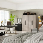 Armario de 4 puertas en madera blanca/gris con barras para colgar y estantes, para 1-2 personas
