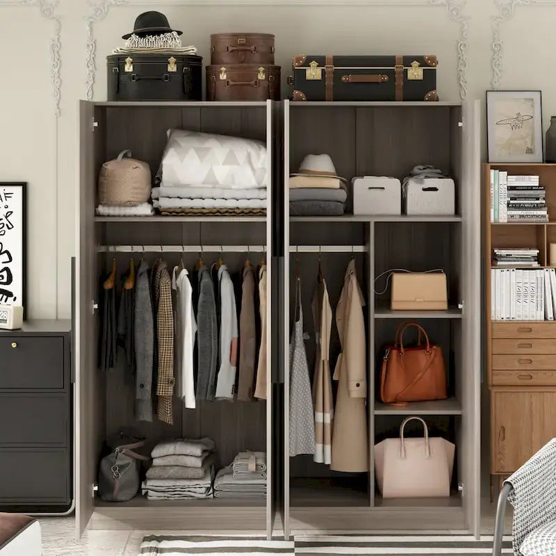 Armario de 4 puertas en madera blanca/gris con barras para colgar y estantes, para 1-2 personas
