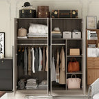 Armario de 4 puertas en madera blanca/gris con barras para colgar y estantes, para 1-2 personas