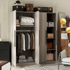 Armario de 4 puertas en madera blanca/gris con barras para colgar y estantes, para 1-2 personas