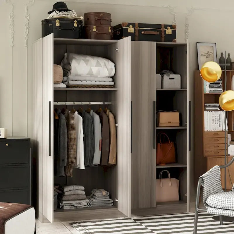 Armario de 4 puertas en madera blanca/gris con barras para colgar y estantes, para 1-2 personas