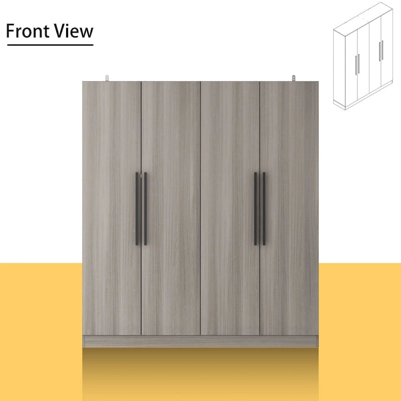 Armario de 4 puertas en madera blanca/gris con barras para colgar y estantes, para 1-2 personas