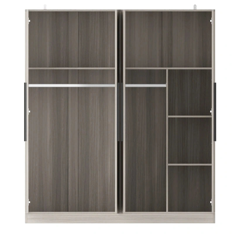 Armario de 4 puertas en madera blanca/gris con barras para colgar y estantes, para 1-2 personas