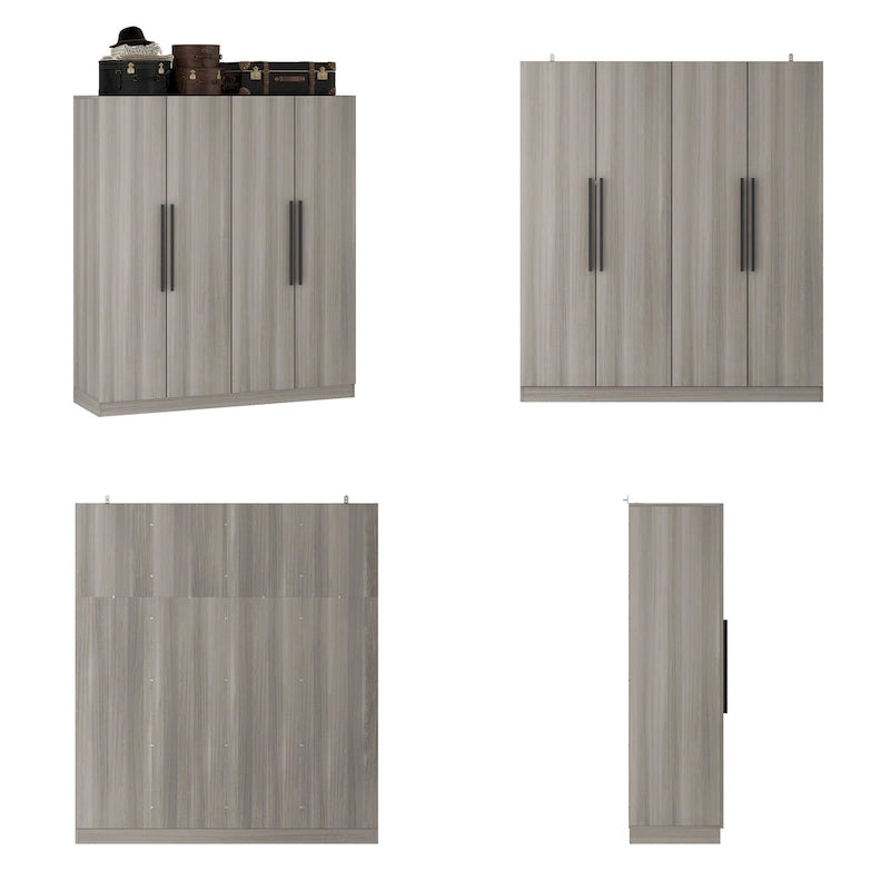 Armario de 4 puertas en madera blanca/gris con barras para colgar y estantes, para 1-2 personas
