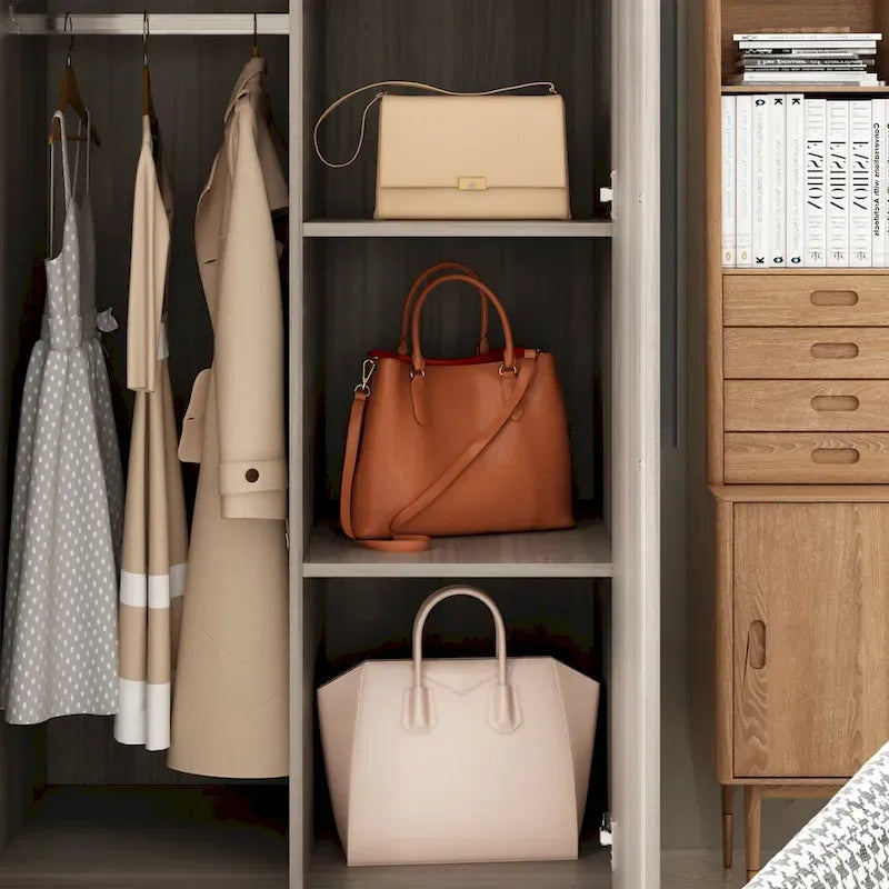 Armario de 4 puertas en madera blanca/gris con barras para colgar y estantes, para 1-2 personas