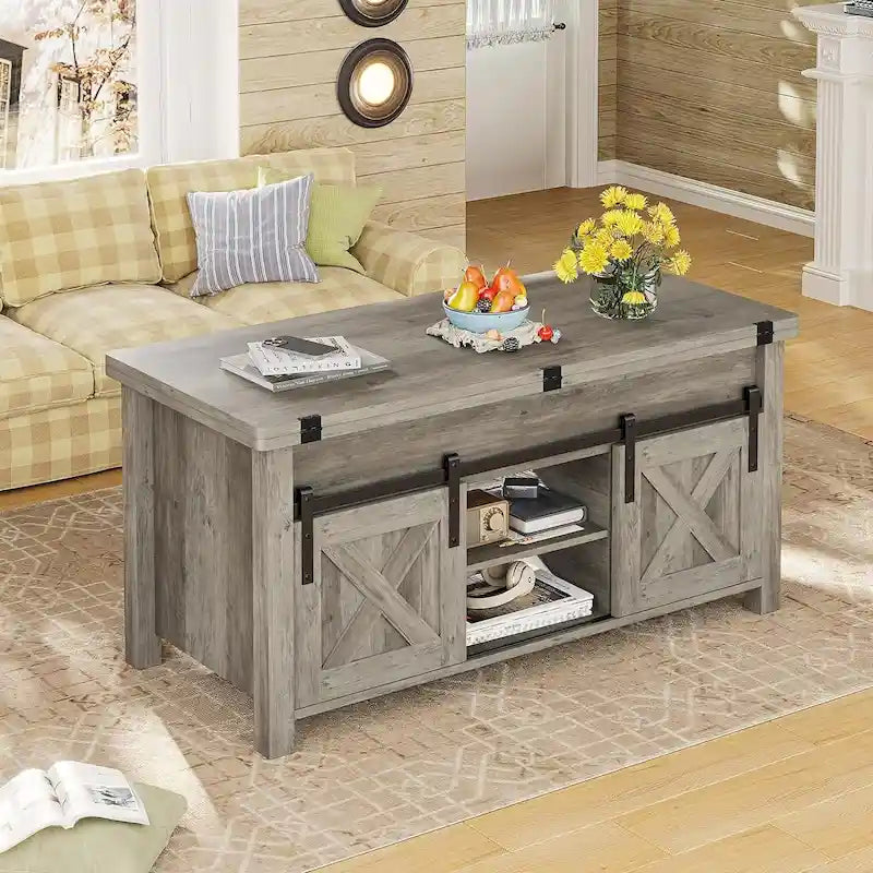 Mesa de centro rústica con tapa elevable, Marrón/Gris/Blanco antiguo, Capacidad para 8 personas