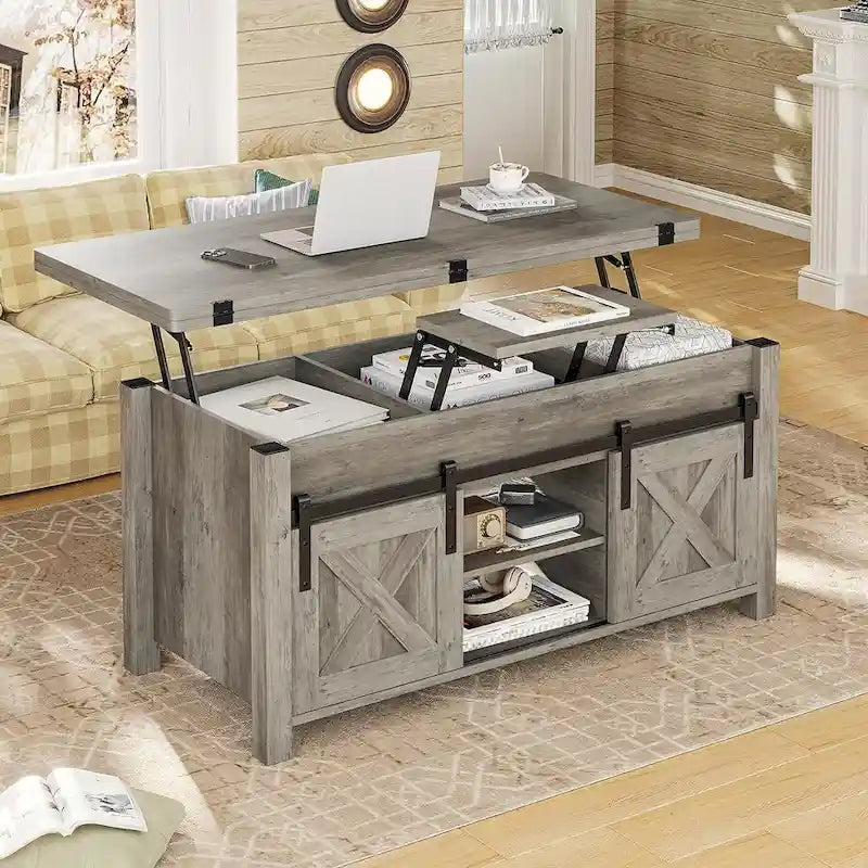 Mesa de centro rústica con tapa elevable, Marrón/Gris/Blanco antiguo, Capacidad para 8 personas