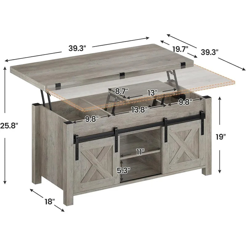 Mesa de centro rústica con tapa elevable, Marrón/Gris/Blanco antiguo, Capacidad para 8 personas