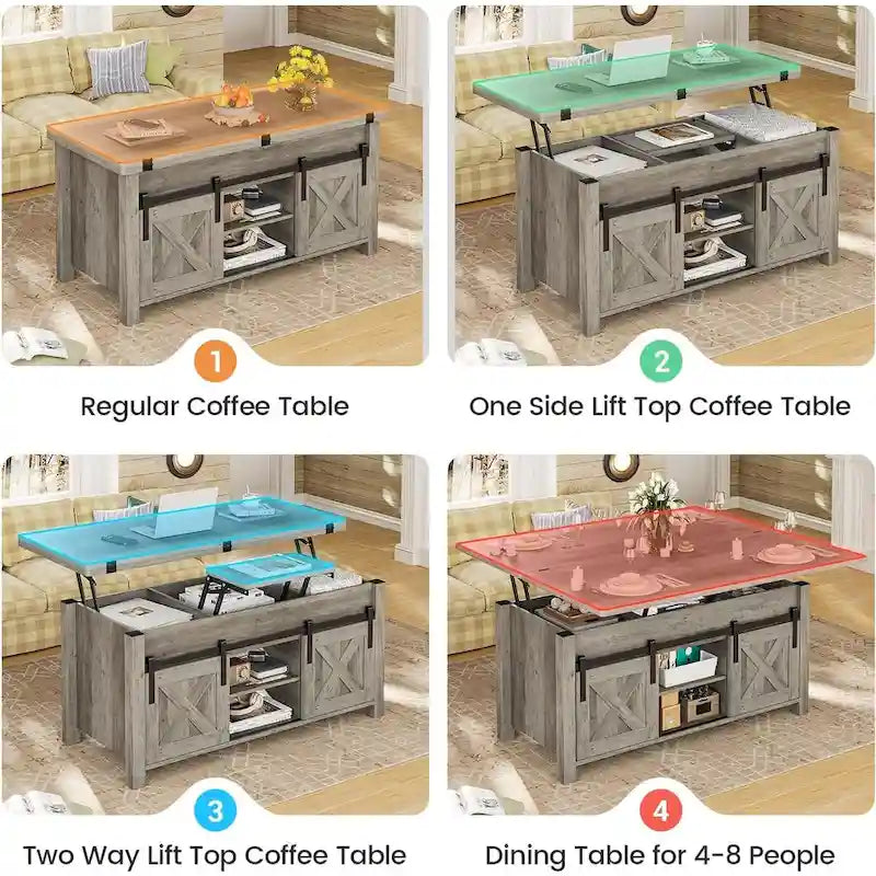 Mesa de centro rústica con tapa elevable, Marrón/Gris/Blanco antiguo, Capacidad para 8 personas