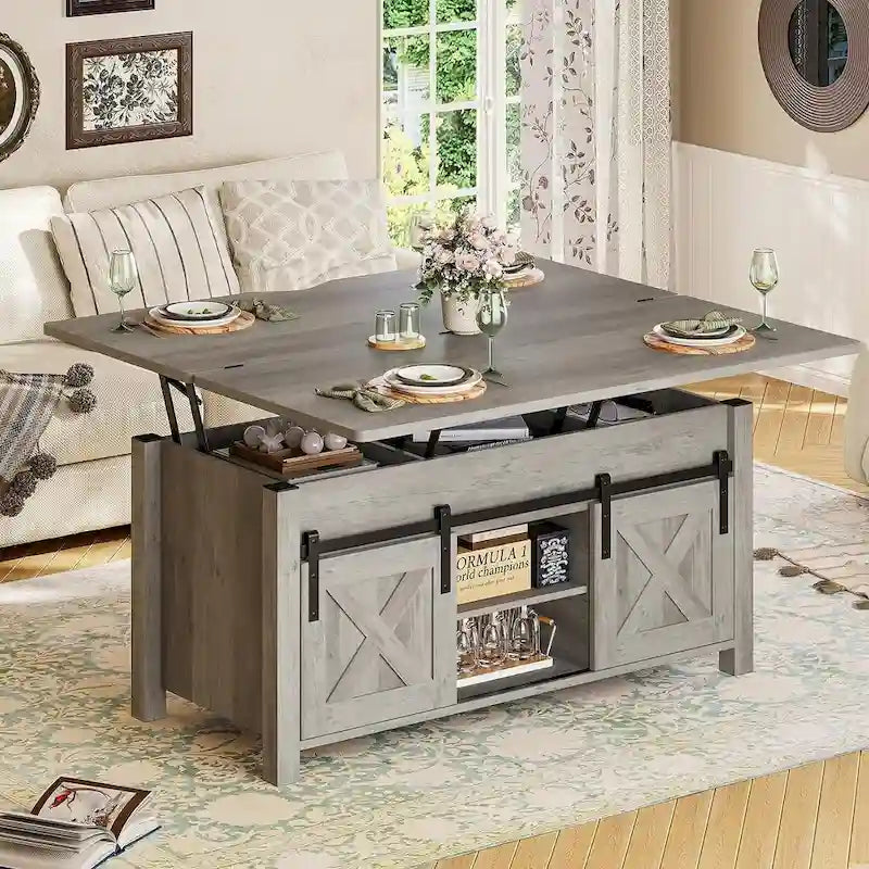 Mesa de centro rústica con tapa elevable, Marrón/Gris/Blanco antiguo, Capacidad para 8 personas