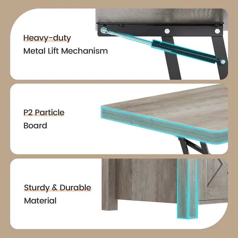 Mesa de centro rústica con tapa elevable, Marrón/Gris/Blanco antiguo, Capacidad para 8 personas