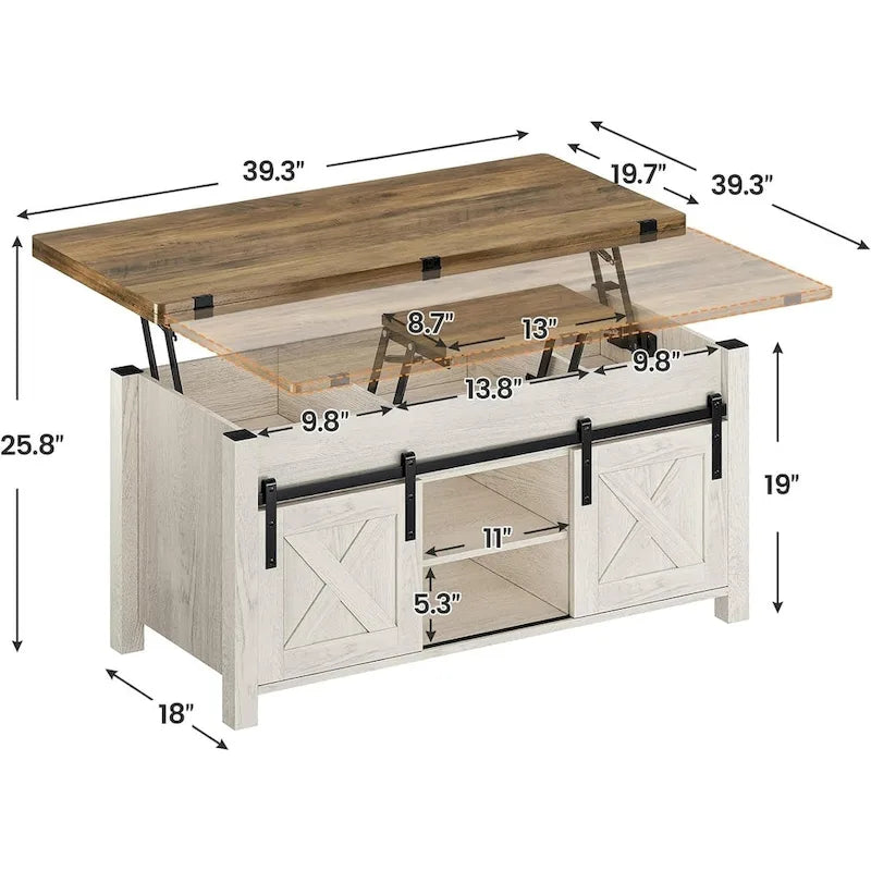 Mesa de centro rústica con tapa elevable, Marrón/Gris/Blanco antiguo, Capacidad para 8 personas